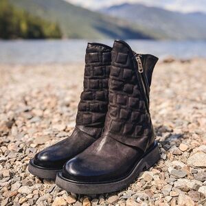 Black Quilted Moto Boots with Chunky Sole
